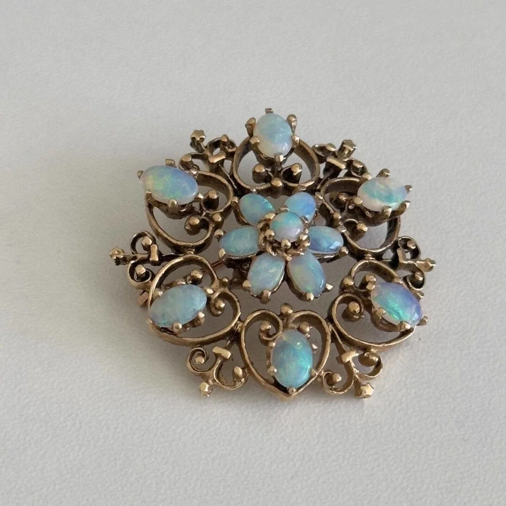 Vintage 14K Yellow Gold Opal Flower Heart Filigree Scroll Pendant Brooch Pin